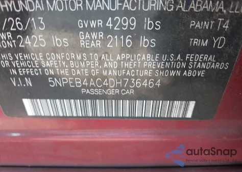 2013 Hyundai Sonata Gls z USA, uszkodzony, nr VIN 5NPEB4AC4DH736464